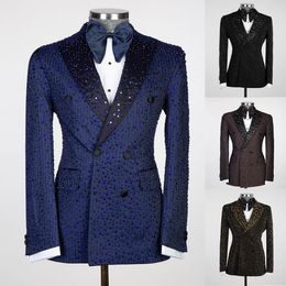 Costumes de mariage pour hommes scintillants Peaked Lapel Tuxedos Perles Crystal Groom Wear 2 Pcs (Blazer + Pantalon) Prom Evening Party Custom Made