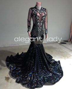 Sparkly zeemeermin Afrikaanse formele formele jurken voor zwarte meisjes met lange mouwen, luxe diamantkristal, pure mesh avondverjaardagsjurk