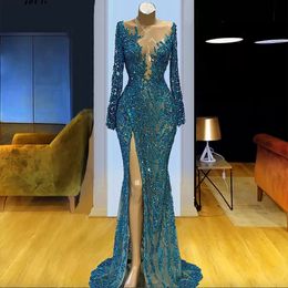 Sparkly Mermaid Evening Jurk Lace Pargin Lange Mouw Prom -jurken Pure halslijn Beading Formele jurken Vestidos de novia