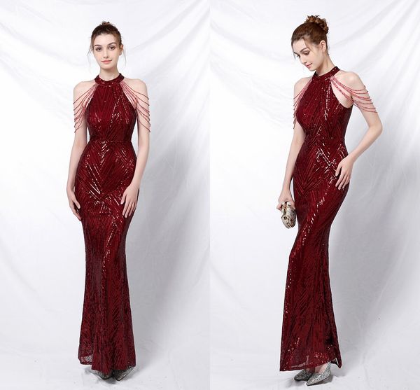 Vestidos de noche de sirena brillantes 2022 Lentejuelas con borlas Cuello alto con cuentas Cola de pez en stock Vestido de fiesta de graduación Desgaste