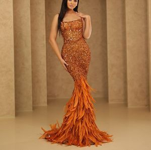 Sparkly zeemeermin avondjurken mouwloze Bateau kralen Appliques pailletten 3d kanten veer Trein vloer lengte prom jurken formele jurken plus size jurken feestjurk