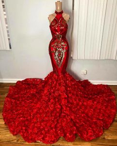 Sparkly Mermaid Red Prom Dresses 3D Flower Florals Shinny Sequin Vestidos de noche formales Sexy Halter African Women Formal Pageant Dress 2020