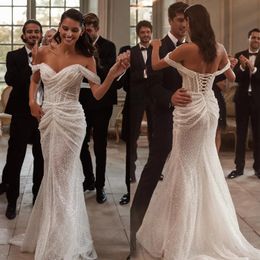 Vestidos De novia De sirena brillantes con hombros descubiertos, vestidos De novia con lentejuelas y cordones en la espalda, batas De Mariee