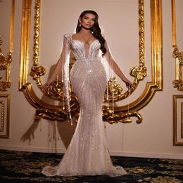 Abiti da sposa a sirena scintillanti senza maniche con scollo a V profondo cinghie con perline paillettes appliques abiti da cerimonia 3D pizzo nappa abiti da sposa 212C