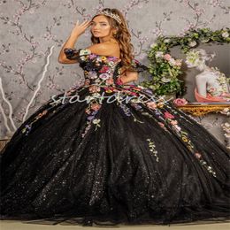Sparkly Mexicaanse zwarte quinceanera jurk Charro 2024 vestido de xv debutante glans zestien verjaardagsfeestje jurken 3d bloemen prom dress para debutante rode de mariage