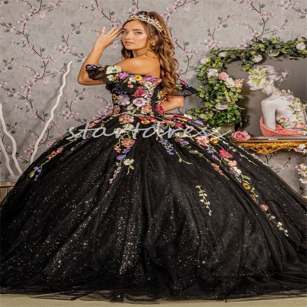 Robe De Quinceanera noire mexicaine étincelante Charro 2024 Robe De Xv Debutante Shine Seize Robes De Fête D'anniversaire 3D Florals Robe De Bal Para Debutante Rode De Mariage