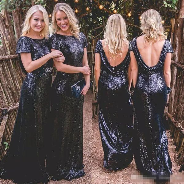 Sparkly Navy Blue Sequins Robes de demoiselle d'honneur manches courtes Sexy Backless Maid of Honor Robes plus taille de mariage robe invitée