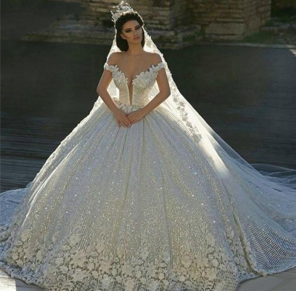 Vestido De fiesta brillante con hombros descubiertos, vestidos De Novia hechos a mano con flores y apliques De encaje, Vestidos De Novia De lujo Dubai, Vestidos De Novia4038995