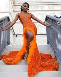 Vestido de fiesta de diamantes naranja brillante, cristales de cuello transparente, cuentas de diamantes de imitación, plumas, vestido de fiesta de cumpleaños, vestido de noche de regreso a casa