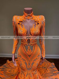 Sparkly Orange longues robes de bal col haut manches col haut Sexy femmes africaines filles noires sirène paillettes robes de bal