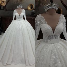 Perles scintillantes robes de mariée col en V robes de bal de mariée princesse perlée paillettes à manches longues robes de mariée sur mesure
