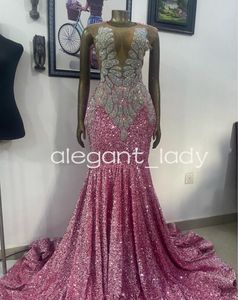 Robe de bal longue de forme sirène rose scintillante pour femmes, robe de luxe en velours et diamants, cristal, robe de cérémonie de gala