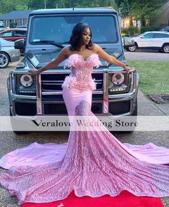 Sparkly Pink Mermaid Prom Dresses 2023 voor zwarte meisjes kralen verjaardagsfeestje jurk avondjurken gewaad de bal