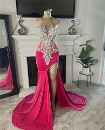 Vestido largo De graduación rosa brillante con cuello redondo, vestidos negros con cuentas De cristal para fiesta De cumpleaños, vestidos De noche con abertura larga, bata De Bal