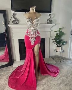 Sparkly roze o nek lange prom jurk zwarte meisjes kralen kristal verjaardagsfeestje jurken avondjurken hoge spleet jurk robe de bal es es