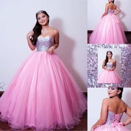 Robe de bal rose scintillante, grande taille, robes de Quinceanera, paillettes, chérie, à plusieurs niveaux, en tulle, douce 15, robe de bal formelle, robes de soirée