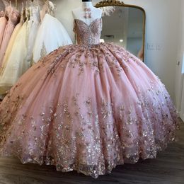 Блестящие розовые платья принцессы Quinceanera, бальное платье с блестящими золотыми аппликациями, кружево, кристаллы и бусины, милое 15-е платье для выпускного вечера на шнуровке