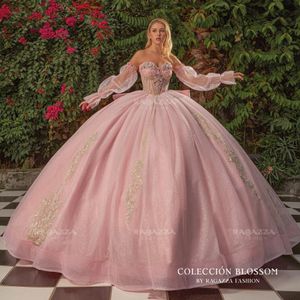 Sparkly Pink Princess Quinceanera -jurken met Gillter Crystal Corset Vestidos de 15 Quinceanera 2024 met lange mouwen met lange mouwen