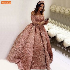 Sparkly Pink Prom Dresses Lange Mouw Sequin Lace Up Balljurk Vestidos de Fiesta Largos Elegantes de Gala 2020 Reflecterende Jurk