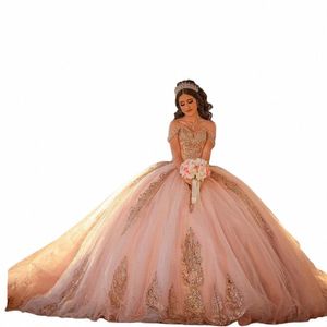 Sparkly Pink Quinceañera Dres 2024 XV Vestido de bola Rose Gold Lace Apliques Princ Sweet 16 Dr Fiesta de cumpleaños Vestido de 15 R6r3 #