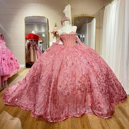 Sparkly Roze Quinceanera Jurk Baljurk Appliqué Kant Kralen Tull Mexico Corset Sweet 16 Vestidos De 15 Anos