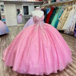 Funkelndes rosa Quinceanera-Kleid, Ballkleid, Strass-Applikation, Kristallperlen, Volants, süßes 16. Kleid für 15 Jahre