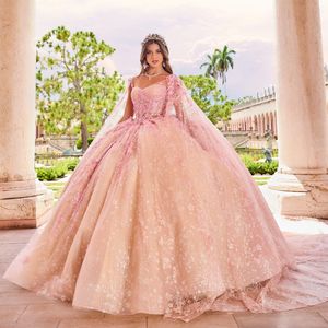 Sparkly Roze Quinceanera Jurk Baljurk Applicaties Kralen Pailletten Gezwollen Rok Champagne Voering Zoete 15 16 Jurk Vestidos