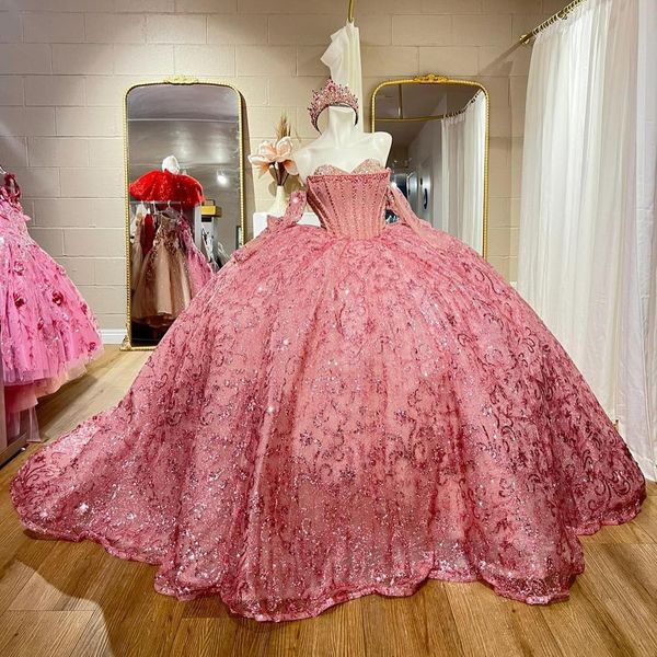 Robe De Quinceanera rose scintillante, robe De bal en dentelle et perles, Corset mexicain, douce 16 robes De 15 ans