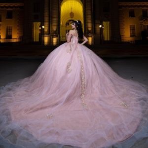 Robes de quinceanera rose brillantes xv robe de bal rose en dentelle applique perles tull princesse sweet 16 robe anniversaire fête vestido de 15