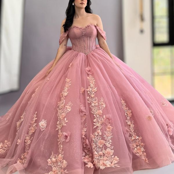 Robes de quinceanera rose brillantes xv robe de bal de balle d'applique de fleurs perles Tull princesse sweet 16 robe fête d'anniversaire vestido de 15