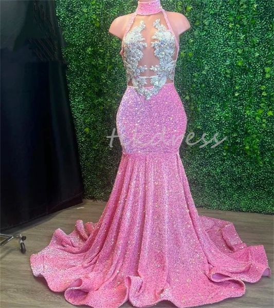 Vestidos de graduación de lentejuelas rosas brillantes para chicas negras Sexy Halter Mermaid Vestidos de noche para mujeres negras Hermosas ocasiones formales Vestidos de Festa 2024