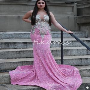 Sparkly Pink Sequins Robes de bal pour les filles noires avec des cristaux argentés en strass perles plus taille sirène robe de soirée de soirée anniversaire vestios de fiesta 2024