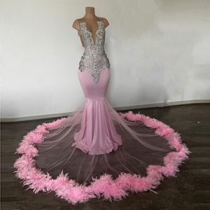 Sparkly rose sexy sirène robes de bal pour filles noires perles plumes de graduation robes robes de soirée Vestidos de Fiesta