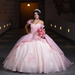 Robe de bal princesse rose scintillante, épaules dénudées, robes de Quinceanera, bretelles élégantes, appliques en cristal, robe douce 16