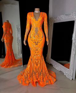 Robe de bal scintillante, grande taille, col en v, manches longues, paillettes Orange, filles noires africaines, sirène, robe de soirée, 233O, 2021