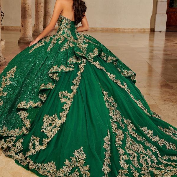 Brillante princesa verde brillante fuera del hombro Vestidos De quinceañera escote con forma De corazón Apliques De encaje dulce 16 vestido De baile Vestidos De 15 anos