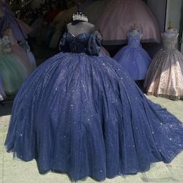 Sparkly Prinses Marineblauw Off Schouder Quinceanera Jurken 2024 Sweetheart Kralen Sweet 16 Baljurk Vestidos De 15 Anos