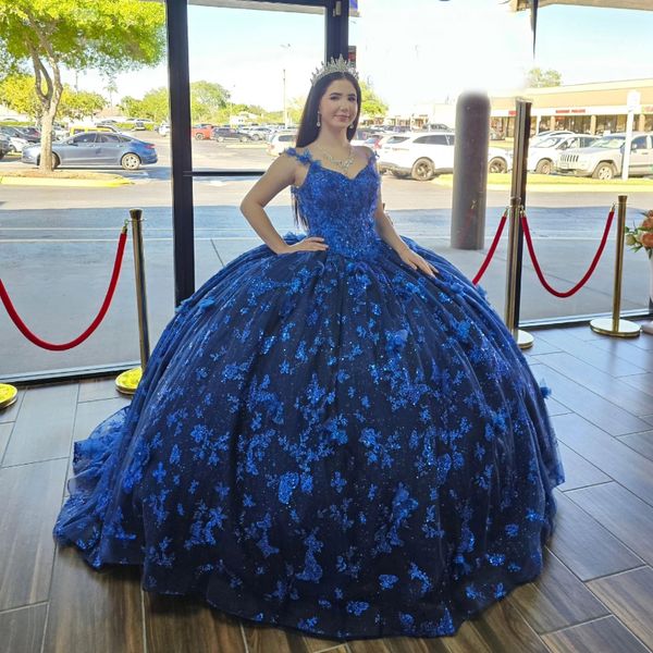 Princesa brillante azul marino azul de la quinceanera 2024 aplazamiento de encaje arco dulce 16 vestidos de vestir de pelota de 15 anos
