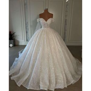 Princesse scintillée au large de la robe de bal épaule époux avec des robes de mariée perlées voile 2024 paillettes chérie vestido de novia 0523