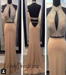 Sparkly prom jurk nieuwe aankomst 2 tweedelige hoge nek kralen lange rugloze prom jurk avond prachtige vestidos de fiesta57329977