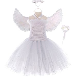 Sparkly Pure White Angel Tutu Dress Plume Aile Baguettes Tenues Fantaisie Enfants Robes Ange Costume pour Filles Fête D'anniversaire Vêtements 210303