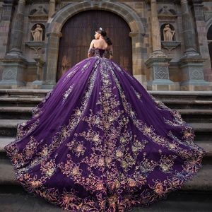 Robe De bal violette scintillante, robe Quinceanera en dentelle avec des appliques De perles en cœur, pour fête d'anniversaire, douce 16 robes De 15 ans, 2024
