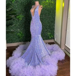Sparkly Purple Mermaid Prom -jurk lovertjes Ruches Backless Party Evening Jurk Vestidos de Fiesta Elegantes Para Mujer 2023