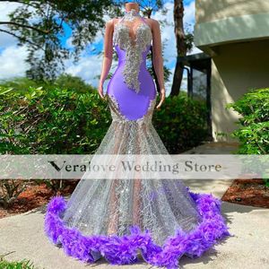 Sparkly Purple Mermaid Prom -jurk met veren 2k22 popmeisjes Verjaardagsfeestjes Gala Gala Meet Graduation Wear voor avond 262Y