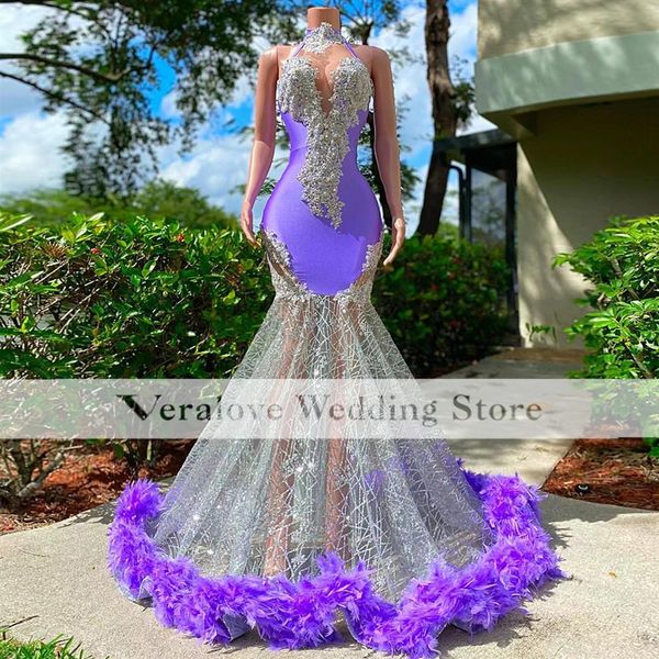 Sparkly Purple Mermaid Prom Dress Avec Plume 2k22 Pop Girls Birthday Party Robes Gala Meet Graduation Wear for Evening314p