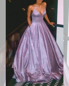 Sparkly Purple Prom -jurken lang met zakken spaghetti -band formele jurk open terug sweet 16 meisjes junior party prom afstuderen jurk