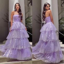 Sparkly Purple Quinceanera prom -jurken strapless lagen pailletten afstuderen jurk Ruffles gelaagde gezwollen verjaardagsfotografie slijtage