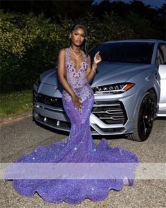 Sparkly Purple Rhinestones Mermaid Prom Dresses 2024 voor zwarte meisjes diamanten kralen kristallen pailletten glitter verjaardagsfeestje jurk