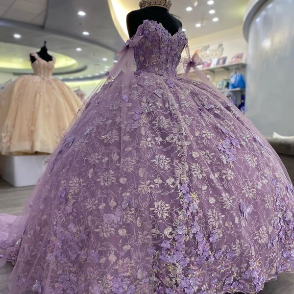 Sparkly Purple Sweetheart Princesse Robe De Bal Quinceanera Robe De L'épaule Dentelle 3DFlower Avec Bow Sweet 16 Robe Robes De 15