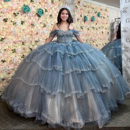 Glitter Quinceanera Jurken 2024 Formele Luxe Feest Kralen Kristal Kant Tull Gelaagde Sweet 15 Jurk Afstuderen Bal Gwon Galajurken